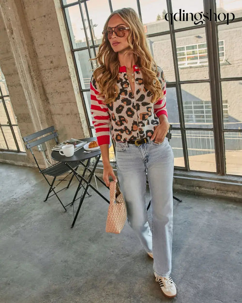 Adeine Striped Leopard Print Cardigan - Long Sleeve Sweater