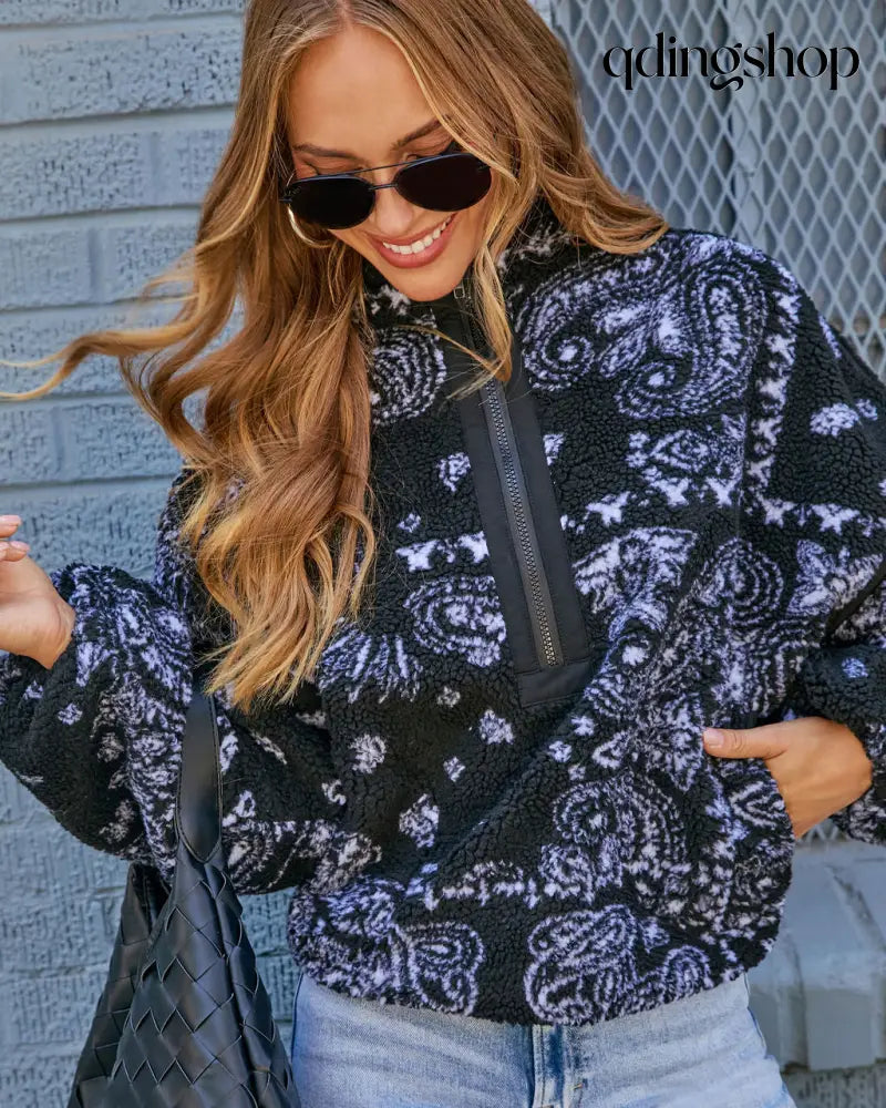 Brianna Sherpa Paisley Quarter Zip Sweatshirt - Sweatshirt