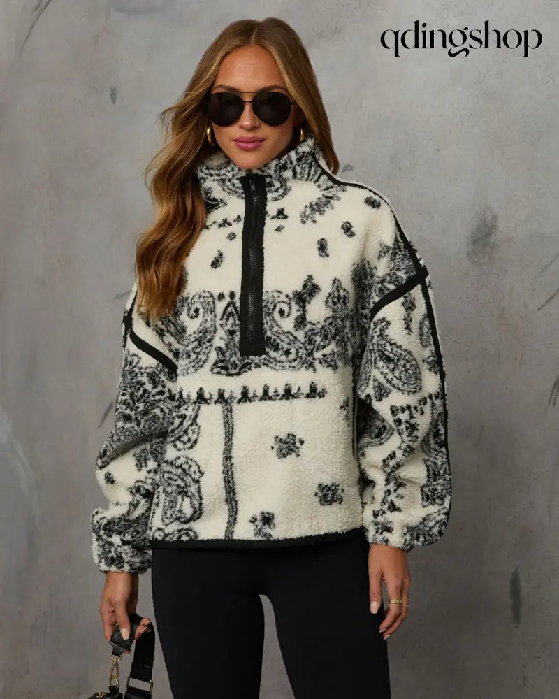 Brianna Sherpa Paisley Quarter Zip Sweatshirt - Sweatshirt