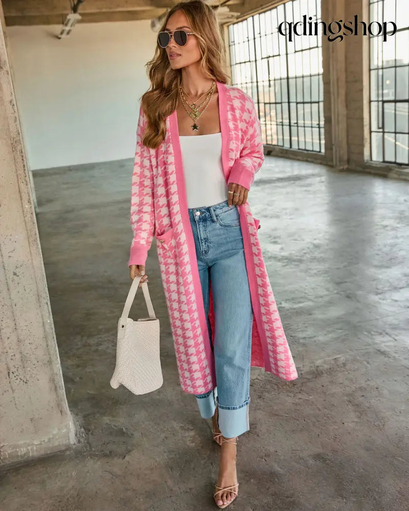Chill Edit Houndstooth Longline Cardigan - Pink Houndstooth / XS - Cardigan