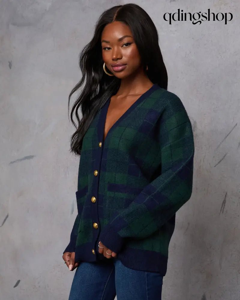Fall Foliage Plaid Button Down Cardigan - Cardigan