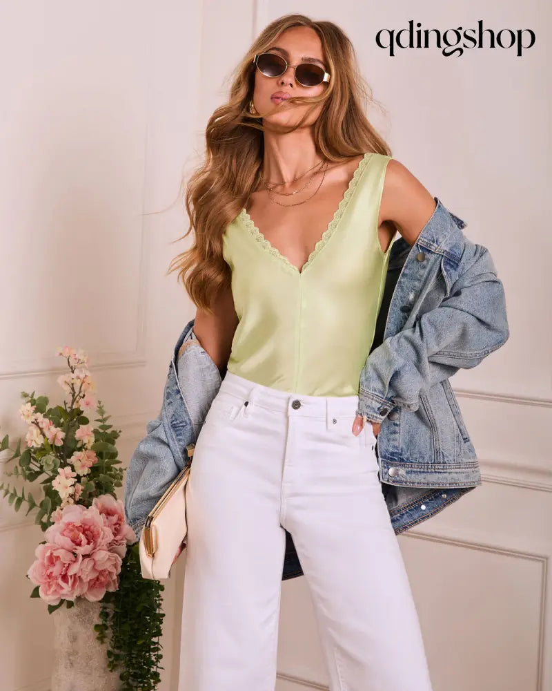 Glow Return Satin Lace Trim Tank Top - Citron / XS - Sleeveless Top