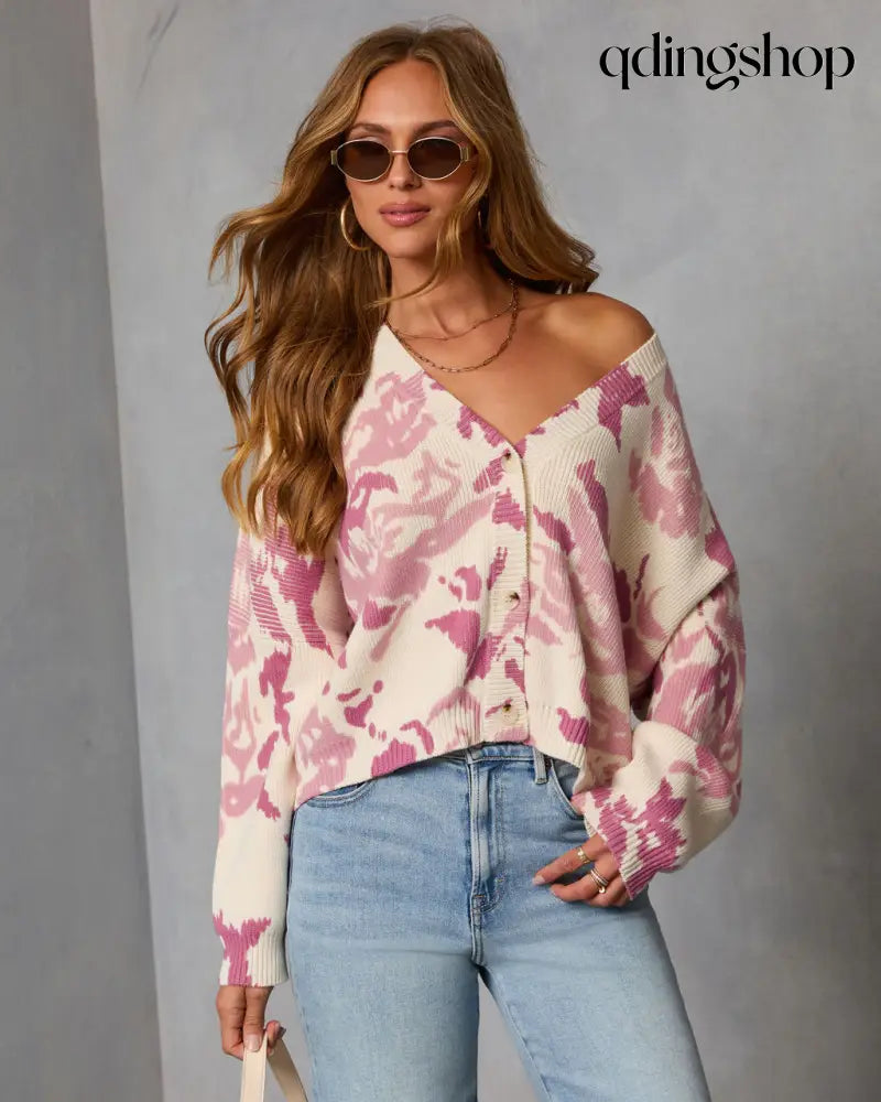 Honeyed Timber Knit Printed Cardigan - Mauve Floral / XS - Cardigan
