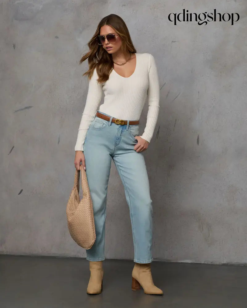 Jamilah Ribbed V Neck Sweater - Long Sleeve Sweater