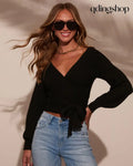 Rayna Cropped Wrap Sweater - Black / XS - Long Sleeve Sweater
