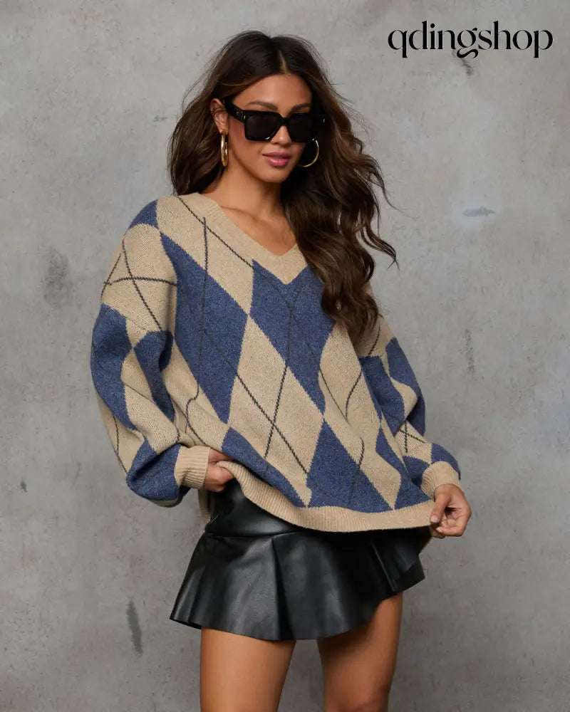 Remma Argyle Print V Neck Sweater - Long Sleeve Sweater