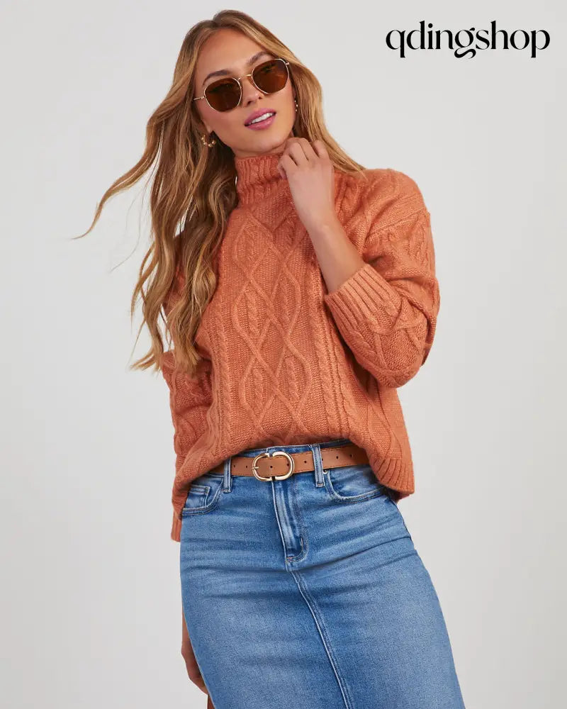 Sheila Cable Knit Turtleneck Sweater - Rust / XS - Long Sleeve Sweater