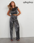 Sinclair Metallic Plisse Crop Blouse - Short Sleeve Top