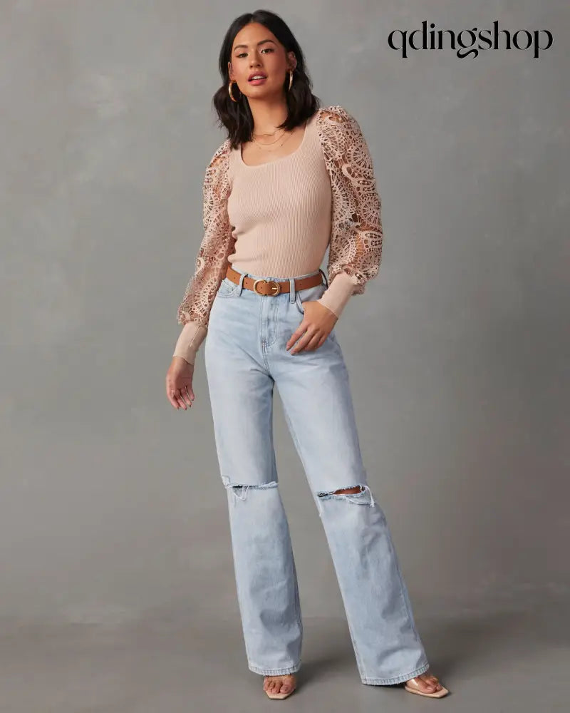 Sophia Crochet Sleeve Sweater Top - Long Sleeve Sweater