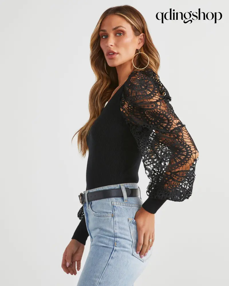 Sophia Crochet Sleeve Sweater Top - Long Sleeve Sweater