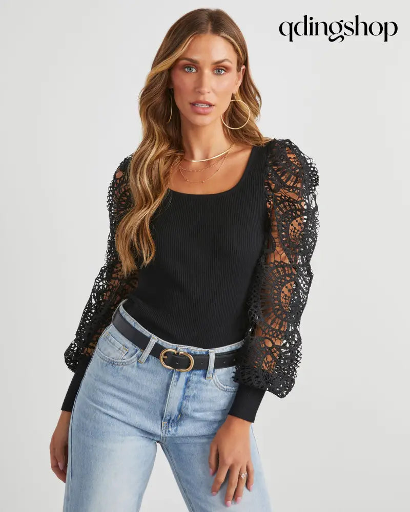 Sophia Crochet Sleeve Sweater Top - Long Sleeve Sweater